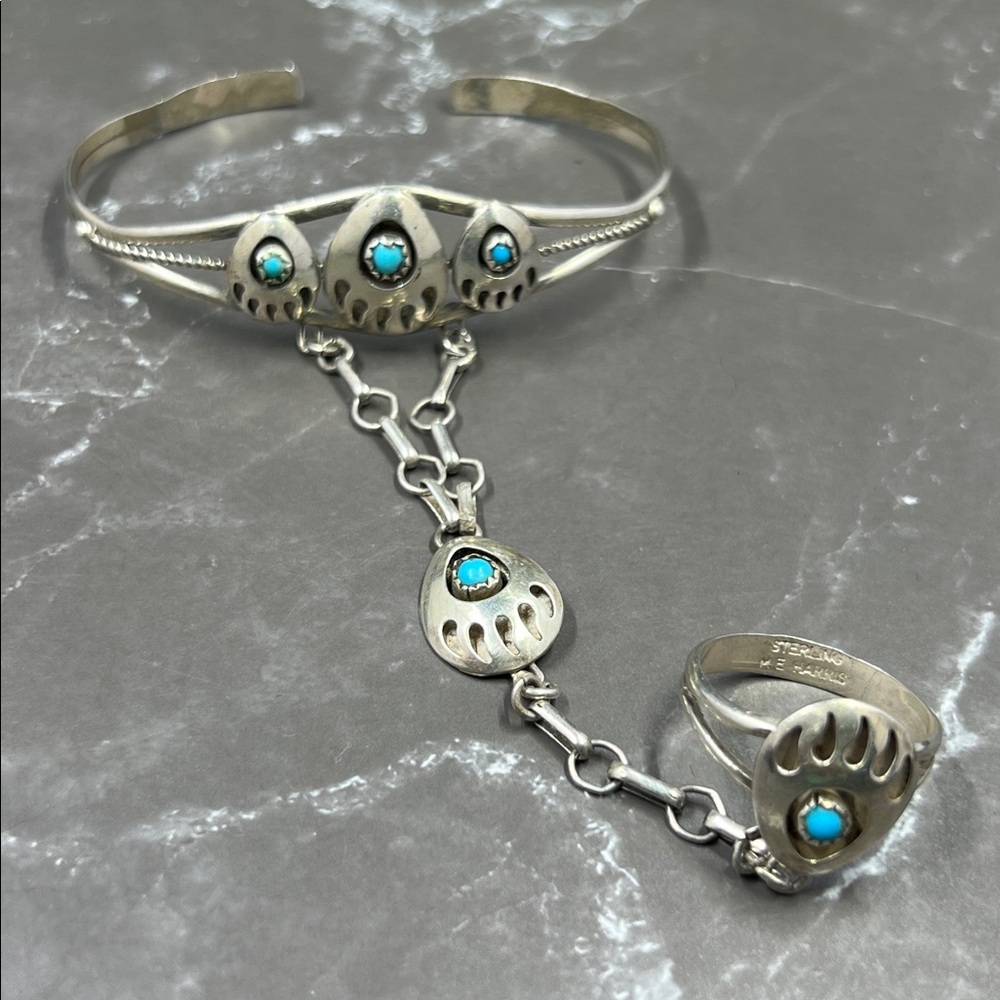 Native M.E. Harris Sterling Turquoise Slave Bracelet - Bear Paw